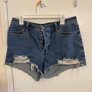 Hollister high rise button fly distressed shorts.